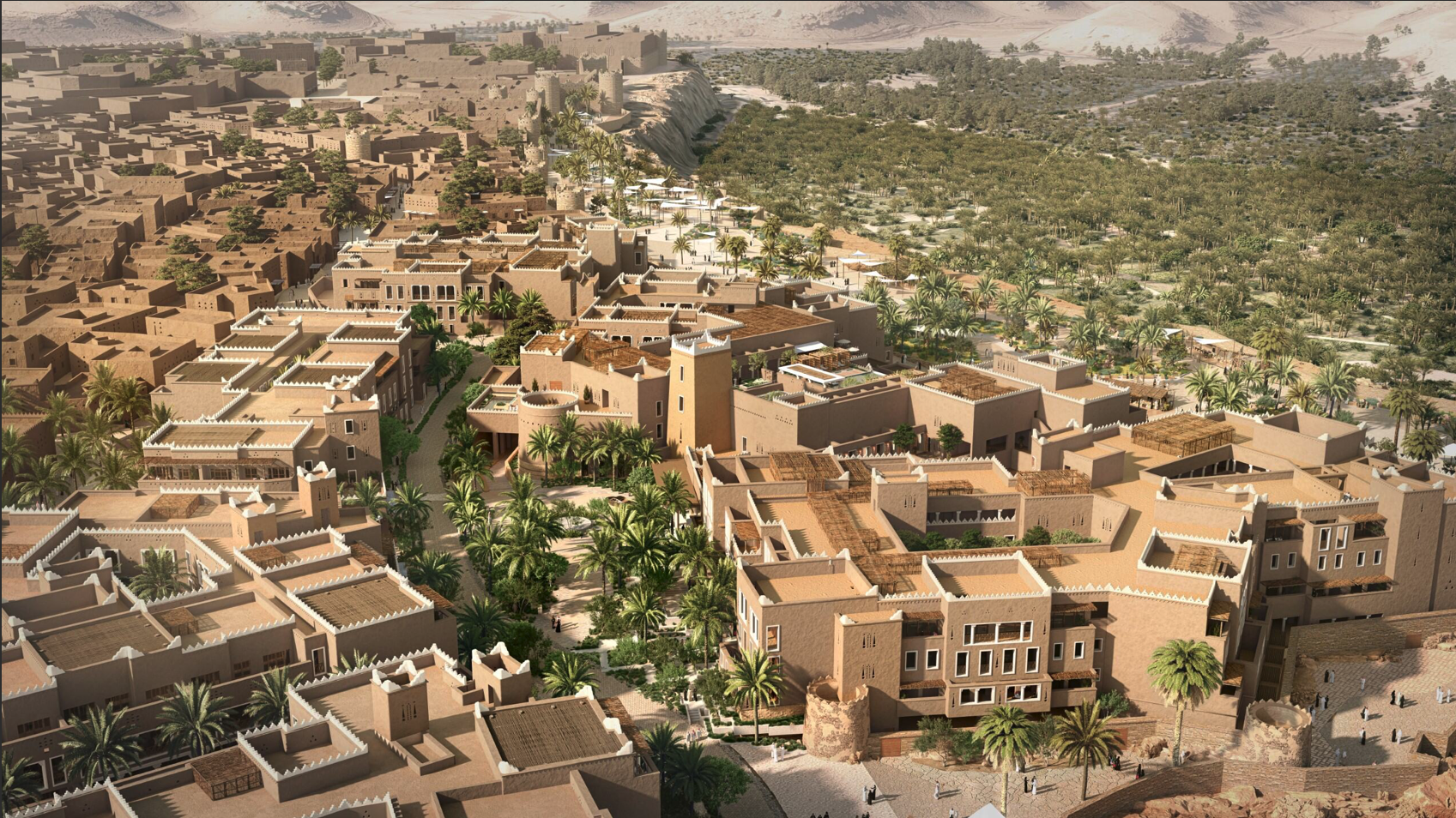 Aerial view of Raffles Residences Diriyah with Najdi architecture, palm trees, and landscaped surroundings